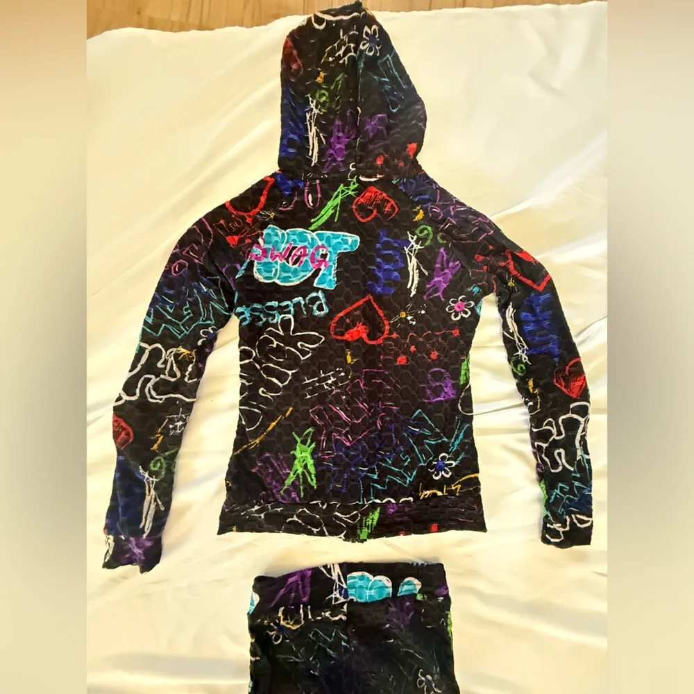 312 NYC Y2K Graphic Tracksuit Set Hoodie Leggings Bubble Textured Stretch Retro